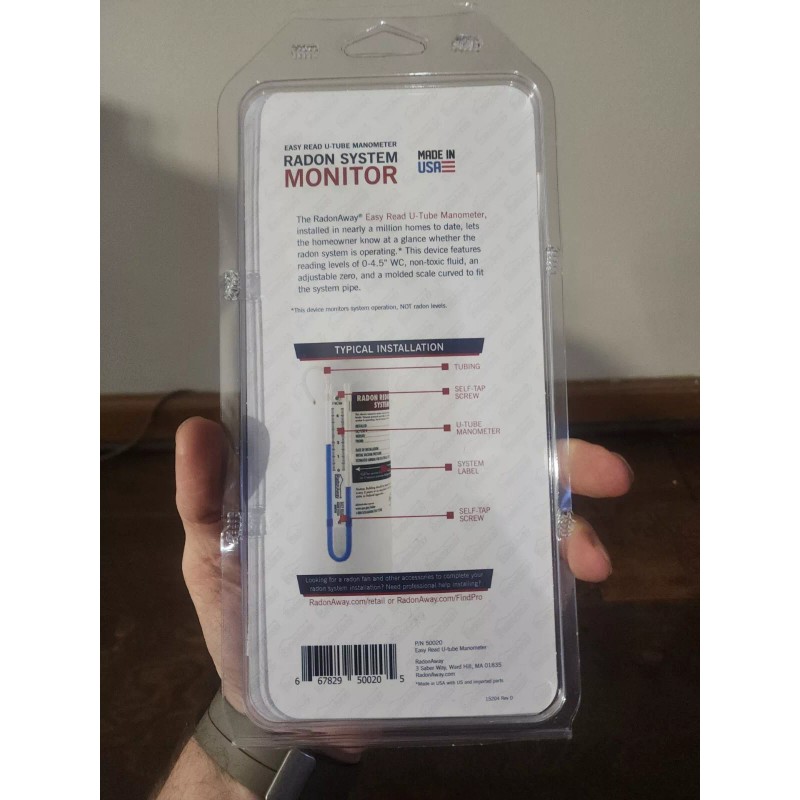 RadonAway Radon System Monitor Easy-To-Read U-Tube Manometer W/ Tubing &