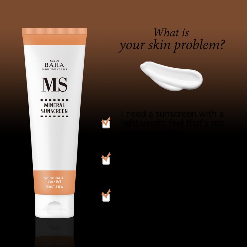 코스드바하 MS 무기자차 저자극 데일리 선크림 SPF 50+ PA++++, 45ml,