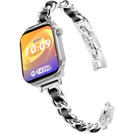 Slim Gold Bands Adjustable Metal Chain Bracelet Strap Compatible with Fitpolo GTX12, TOZO S6/S5, Tensky GTX12/208BT, aeac IDW208 Plus, RUXINGX G53 Watch, Adjustable Metal Chain Bracelet Strap with Leather (Silver)