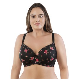 PARFAIT Casey 2801 Women's Wired Padded Plunge Seamless T-Shirt Bra-Black w Rose Print-36FF