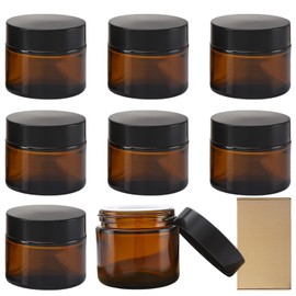 SPORWAY Pack of 8 Cosmetic Jars, 50 ml Amber Glass, Empty Jar, Cream Jar, Cosmetic Container, Ointment Jar, Refillable Sample Pots with Lid and Liner for Cosmetics, Creams, Lotions, Essential Oils
