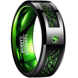 VAKKI Celtic Dragon Tungsten Carbide Ring for Men 8mm Black Wedding Bands with Green Carbon Fiber and CZ Inlay Size X 1/2