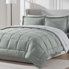 7-Piece 100% Microfiber 300 GSM Bed in a Bag Pretty Sage Green Comforter Set | Modern Contemporary Reversible Fluffy Solid Color Pattern | Luxury Bedding Sets Wrinkle-Free Fade-Resistant - Twin Size