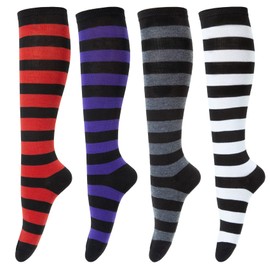 Chalier Cozy 4 Pairs Women's Knee High Socks Casual Thigh High Socks Over the Knee Long Striped Novelty Socks Stripy Stripe