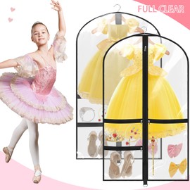 4 Pack Dance Garment Bags, 40" Clear Dance Costume Bags with 3 Pockets, Kids Garment Bags for Hanging Clothes Suit for Travel, Dance Competition and Closet Storage (Black)