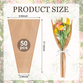 50PCS Flower Bags for Bouquets Kraft Paper Flower Sleeves Wrapping Paper Clear Front Floral Bags Florist Wrap Supplies (17.1x 9.8 Inch, 50pcs, Kraft Paper)
