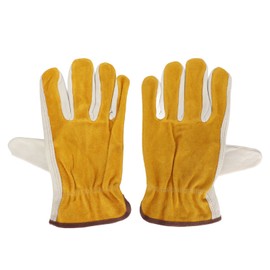 Garden Cowhide Gloves Puncture Proof Wearproof Full Finger Leather Gloves for Gardening ApricotL