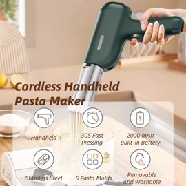 Handheld Electric Pasta Maker 5 in 1 Portable Cordless Noodle Maker Machine Homemade Ramen Spaghetti Maker Automatic Dough Press with Dough Cutter, Cleaning Brush (Green)
