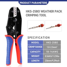 HKS Crimping Tool for Delphi APTIV Weather Pack Terminals or Metri-Pack Connectors - AWG 18-14 (1.0-2.5mm²) with Chrome-Moly Steel Wire Cutting Jaw - One Cycle Cord & Seal Crimper 25BO