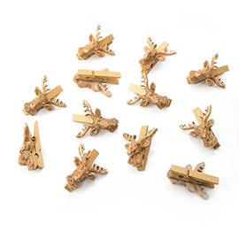 Logbuch-Verlag 12 Gold Coloured Deer Clips Mini Wooden Pegs Decorative Clips Autumn Christmas Festive Decoration Table Decoration Clips