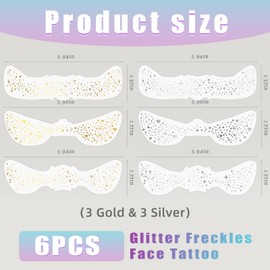 Pack of 6 Glitter Freckles Face Tattoos, Gold & Silver Waterproof Glitter Patches for Women, Cute Stars Metallic Glitter Temporary Tattoo Makeup Accessories for Festival & Party