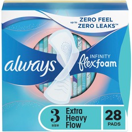 Always Infinity Feminine Pads For Women, Size 3 Extra Heavy Flow Absorbency, With Flexfoam, With Wings, Unscented, 28 Count