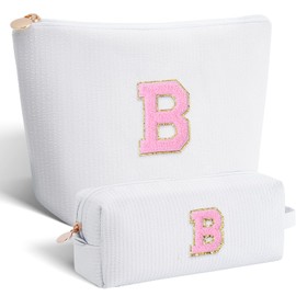 Btffitting Bridesmaid Gifts Wedding Day - Bridal Shower Gifts,Maid of Honor Gifts,Initials Makeup Bag Set Cosmetic Bag - White,B