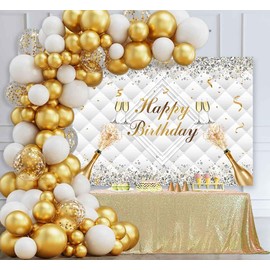 Sensfun 7x5ft White Gold Happy Birthday Backdrop Glitter Diamond Luxury Headboard Texture Photo Background Banner Women Champagne Birthday Party Decoration Supplies Photo Booth Props