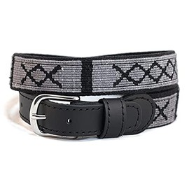 A Tail We Could Wag Cotton & Leather Belt - Handmade Guatemalan Cotton Weave with Colorful Patterns & Solid Brass Buckle | Block Island | Slate, 38"