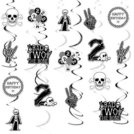 Jollyboom Bad Two The Bone Party Decorations Boy Girl, 24pcs 2nd Birthday Decorations Hanging Swirl Bad 2 The Bone Hanging Ceiling Streamers Black White for Music Theme Rock and Roll Birthday Party