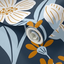 Peel & Stick Wallpaper Swatch - Bold Botanical Meadow Blue Cream Orange Modern Floral Garden Bloom Wildflower Large Scale Custom Removable Wallpaper by Spoonflower