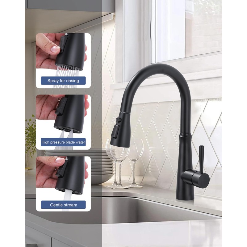 Metal Kitchen Faucet Head Replacement: 3-Function Pull Down Spray Nozzle
