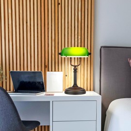 Newrays Antique Green Glass Bankers Desk Lamp with Pull Chain Switch Plug in Fixture