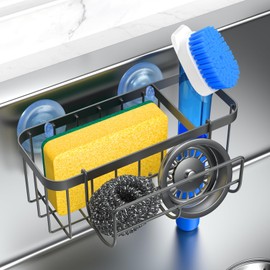 HOKEMOM Organizador de fregadero de cocina con soporte de esponja y ganchos multifuncionales, doble ventosa (soporte de 18 libras), acero inoxidable gris de 2.0 mm a prueba de óxido, organizador