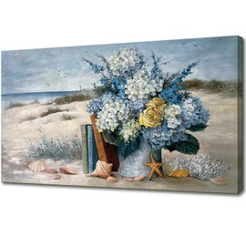 Coastal Blue Flower Wall Art for Living Room Beach Floral Canvas Print Modern Hydrangea Flowers Picture Ocean Theme Seascape Print Painting Hanging for Home Office Bedroom Dining Room 20x40inch