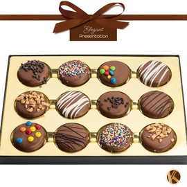 KREMERY Creamy Chocolate Cravings - Mothers Day Treats, Chocolate Covered Sandwich Cookies & Cream Gift Basket with Candied Toppings (12 Cookies) Sweet Treats in Sectional Box, Kosher Food Arrangement