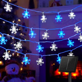 Brightown Solar Christmas Snowflake String Lights, 72FT 200 LED Outdoor Waterproof Fairy Lights with 8 Lighting Modes for Wedding, Party, Tree, Room, Garden, Patio, Yard, Home, Blue&White