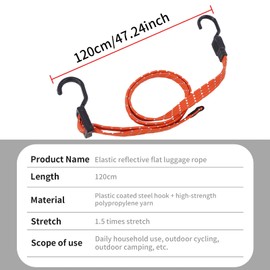 KINDPMA Adjustable Elastic Straps with Hooks, Expander with Metal Hooks, Set of 4, 120 cm Flat Luggage Straps, Orange Rubber Cord, Reflective Rubber Tensioner, Rubber Bands for Awning, Bicycle, Car