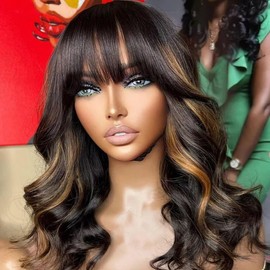 Black and Honey Blonde Layered Cut Wavy Human Hair Wig With Bangs HD Transparent 13X4 Glueleee Lace Front Brazilian Human Hair Wig Bleached Knots 1B 27 Colored Loose Wave Bangs Wig 150 Density 18