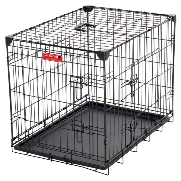 Lucky Dog 24” (S) Slyder Whisper Glide Sliding Door Dog Crate | 2nd Side Door Access | Patented Corner Stabilizers | Removable Tray | Rubber Feet | Carrying Handle