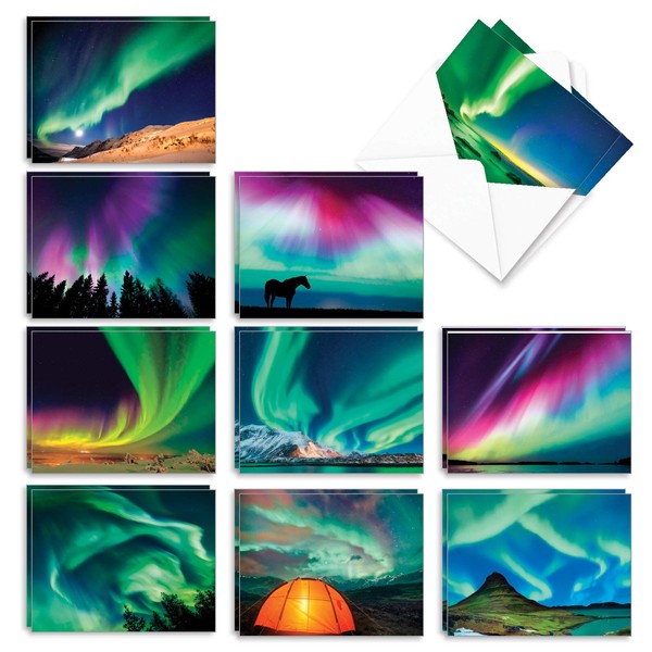 The Best Card Company - 20 Landscape Nature Note Cards Blank (4 x 5.12 Inch) (10 Designs, 2 Each) - Aurora Borealis AM7029OCB-B2x10