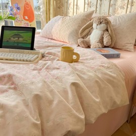 MOTNTD Pink Floral Duvet Cover Twin XL White Lace-Trimmed Comforter Cover Twin XL Boho Farmhouse Soft Washed Microfiber Duvet Cover Set with 2 Pillow Cases Cute Bedding Set for Girls Duvet Protector