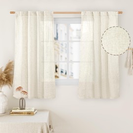LAMIT 45 Inch Short Window Linen Curtains, Light Filtering Panels Back Tab and Rod Pocket Neutral Drapes for Cafe/Bathroom/Loft Room, Natural, 2 Panels, 34 x 45 Inch