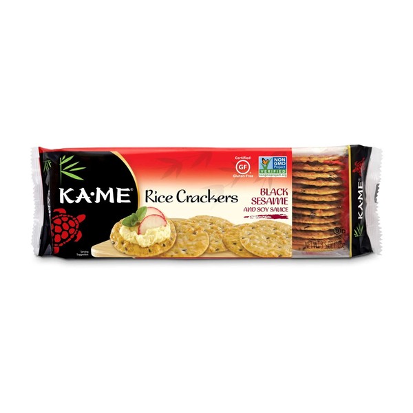 KA-ME Black Sesame & Soy Rice Crackers 3.5 oz/Trays (Pack of 12) Asian Ingredients & Flavors, No Artificial Colors, Non GMO, Great with Cheese, Soups, Salad, Dipping and More
