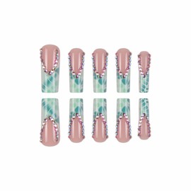 MERVF Press on Nails Long Square Green Animal Print French Tip Fake Nails Glue ons Luxury Acrylic Nail 3D Rhinestones Design Glossy 24pcs
