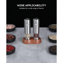 FORLIM Mini Electric Salt and Pepper Grinder Set with Wood Base, USB Rechargeable, Small Automatic Salt Pepper Mill Grinder, Travel/Outdoor BBQ/Children, One-Button Control (2 Packs, Stainless Steel)
