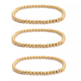 Unbranded Gold Plated Hematite Smooth Round Beaded Bracelet 4mm 7.5'' Length 3 PCS/ Set