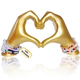 MOONDKIST Hands Heart Sculpture, Gold Gesture Decoration with 10Pcs Friendship Bracelet, Modern Heart Shaped Statue for Home Decor, Romantic Love Sculpture for Wedding Home Desktop Decor