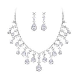 Ever Faith Bridal Jewelry Set for Bride Bridesmaid, Elegant White Cubic Zirconia April Birthstone Teardrop Wedding Party Necklace Dangle Earrings Sets for Women