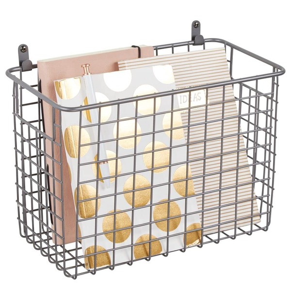 mDesign Hanging Storage Basket – Large Wall-Mounted Metal Wire Basket – Multi-Purpose Organiser Tray for Household Items – Graphite Grey