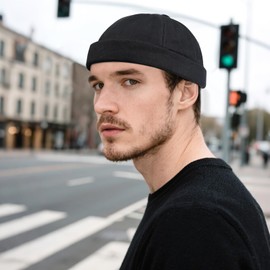 MELLIEX Docker Cap Cotton Hat Wearable Hat Brimless Hat Casual Rolled Cuff Harbour Hat Men's Hat Unisex for Summer - Black 56-60 cm