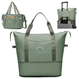 Travel Duffel Bag, Large Capacity Weekender Tote Bag with Detachable Long Strap, Dry Wet Separated Overnight Bag Lightweight Gym Bag Waterproof Holdall Bag Cabin Bag Airplane Bag for Sports (Green)