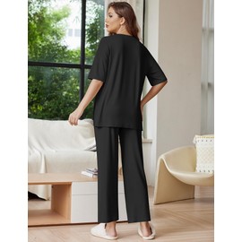 Ekouaer Lounge Sets for Women Short Sleeve Tops and Long Pants Soft Comfy Pajamas Set 2 Piece Outfits,Black,XL