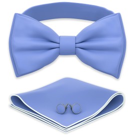 Adam Young Boy's Sky Blue Bow Tie with Handkerchief & Cufflinks Pre-Tied Style Formal Satin Classic Bowtie for Tuxedo Faux Silk (Medium, Light Blue)