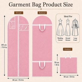 Sytinnice 2Pcs Long Dress Garment Bags, 60×180cm Folding Full Length Garment Cover Bag with Zipper, Pocket & Handle, Breathable Clothes Covers for Gowns Dresses Travel & Storage(Pink)