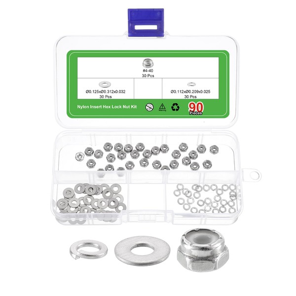 sourcing map 90Pcs #4-40 Nylon Insert Hex Lock Nut Kit,