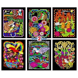 Stuff2Color Fuzzy Velvet Coloring Posters (6 Pack) - Flowers, Raccoon, Bee,Prairie Dogs, Birds & More (Hours of Coloring for Kids & Adults!)