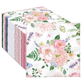 FYSUIMU 50Pcs Pink Floral Paper Napkin Spring Flower Butterfly Luncheon Napkin Disposable Dinner Dessert Napkin for Wedding Bridal Baby Shower Birthday Party Supplies