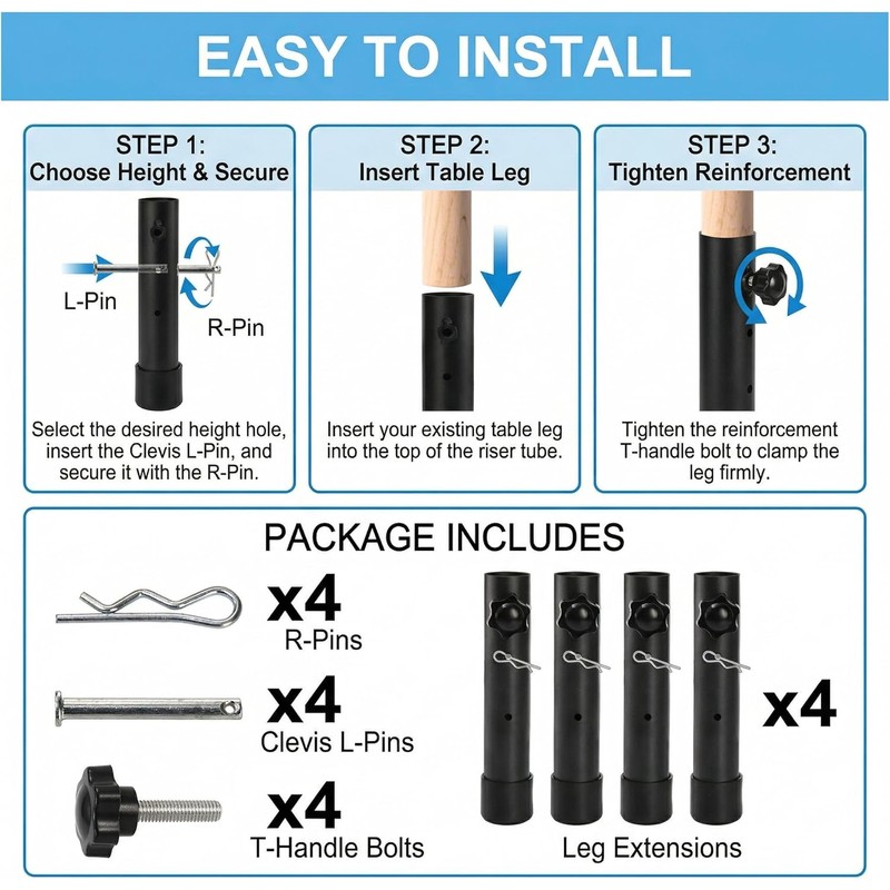 WUWEOT 4 Pack Table Leg Extenders, Adjustable Folding Table Leg