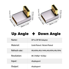 Duttek 8K 90 Degree DisplayPort 1.4 Adapter, Up & Down Angle Extender 32.4Gbps, Male to Female (8K/60Hz, 4K/144Hz) for PC, Laptop 2Pack